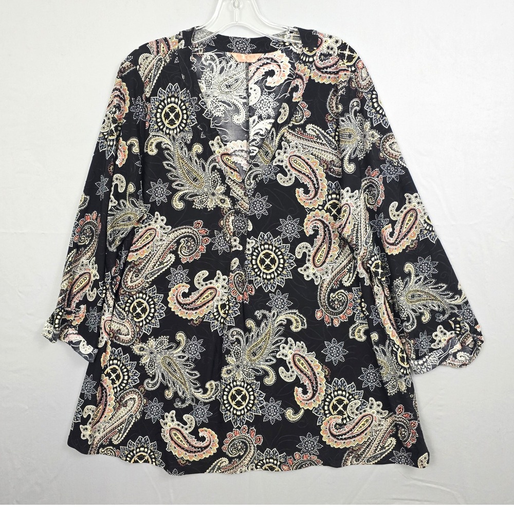 Amana Paisley Print V-Neck 3/4‎ Sleeve Hi Low Hem Black Multicolor Tunic 2X